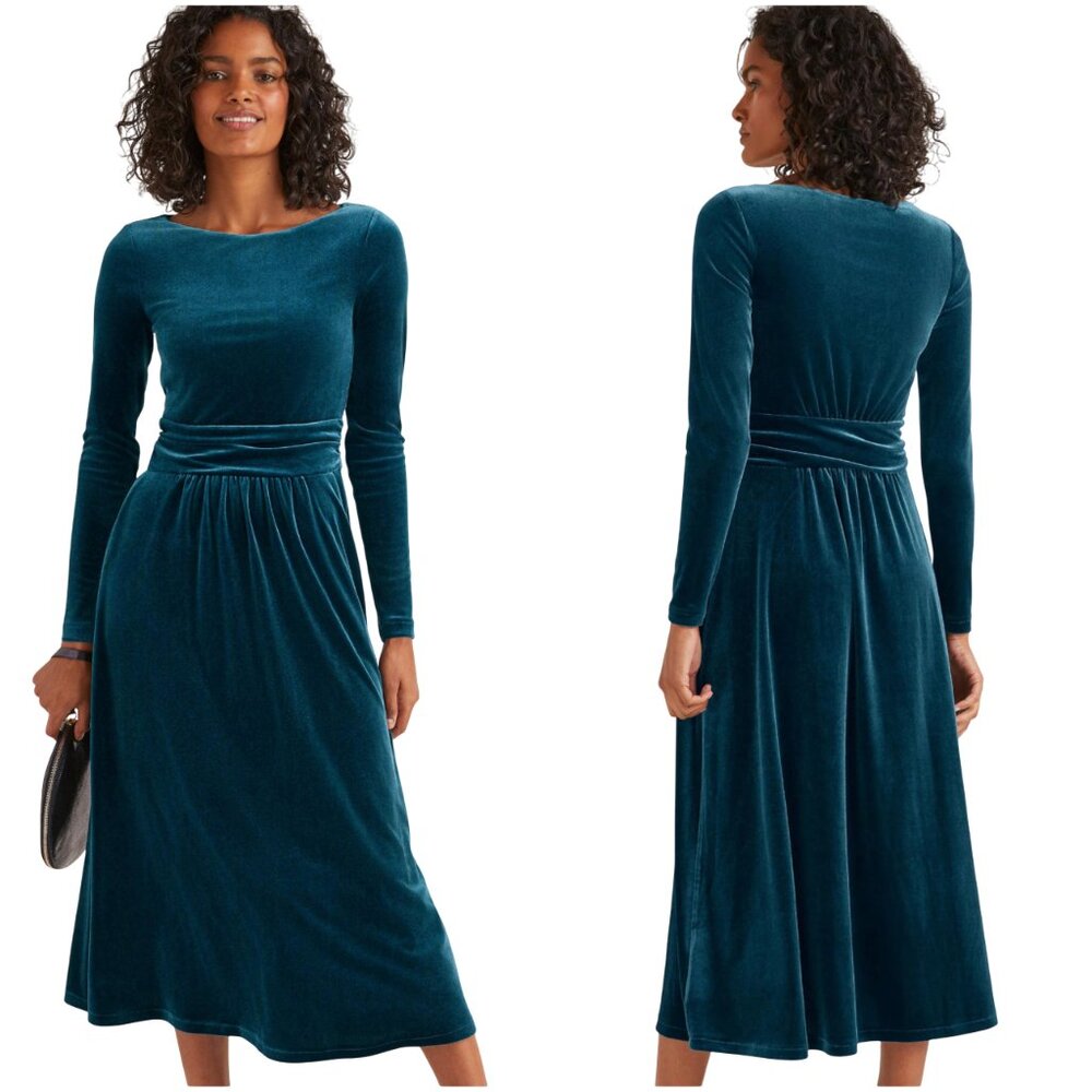 NWT Boden Lois Velvet midi dress in baltic blue size 18 long 18L XL XXL sleeve